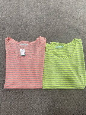 Maurices Women's Short Sleeve Striped Tees - Coral Stripe & Neon Yellow Stripe